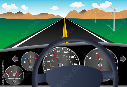 Car dashboard with road