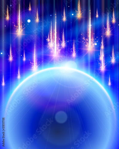 Blue Planet & Meteor rain. Vector illustration