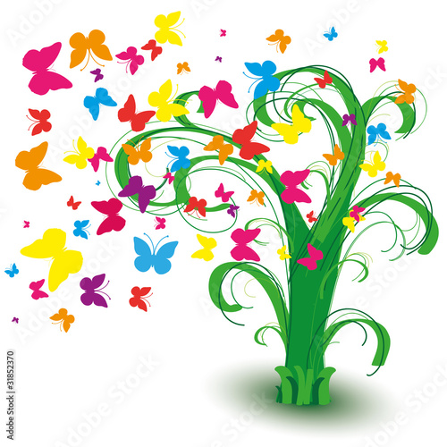 Spring ree with butterflies and curls, vector illustration