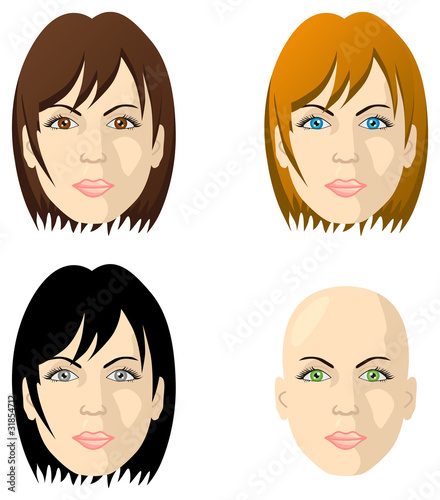 Kobiece twarze, różne kolory oczu oraz włosów