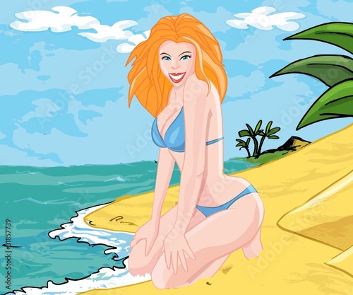 Cartoon of a blonde woman on the beach