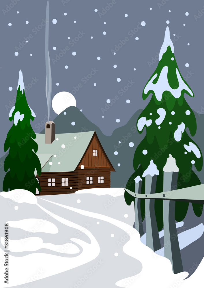 Fototapeta premium Illustration of house in snow forest
