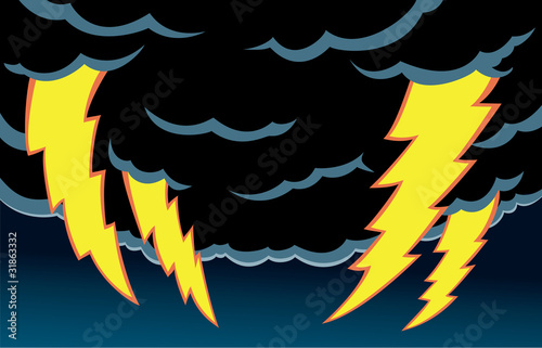 Cartoon of thunder clouds with scary lightning.