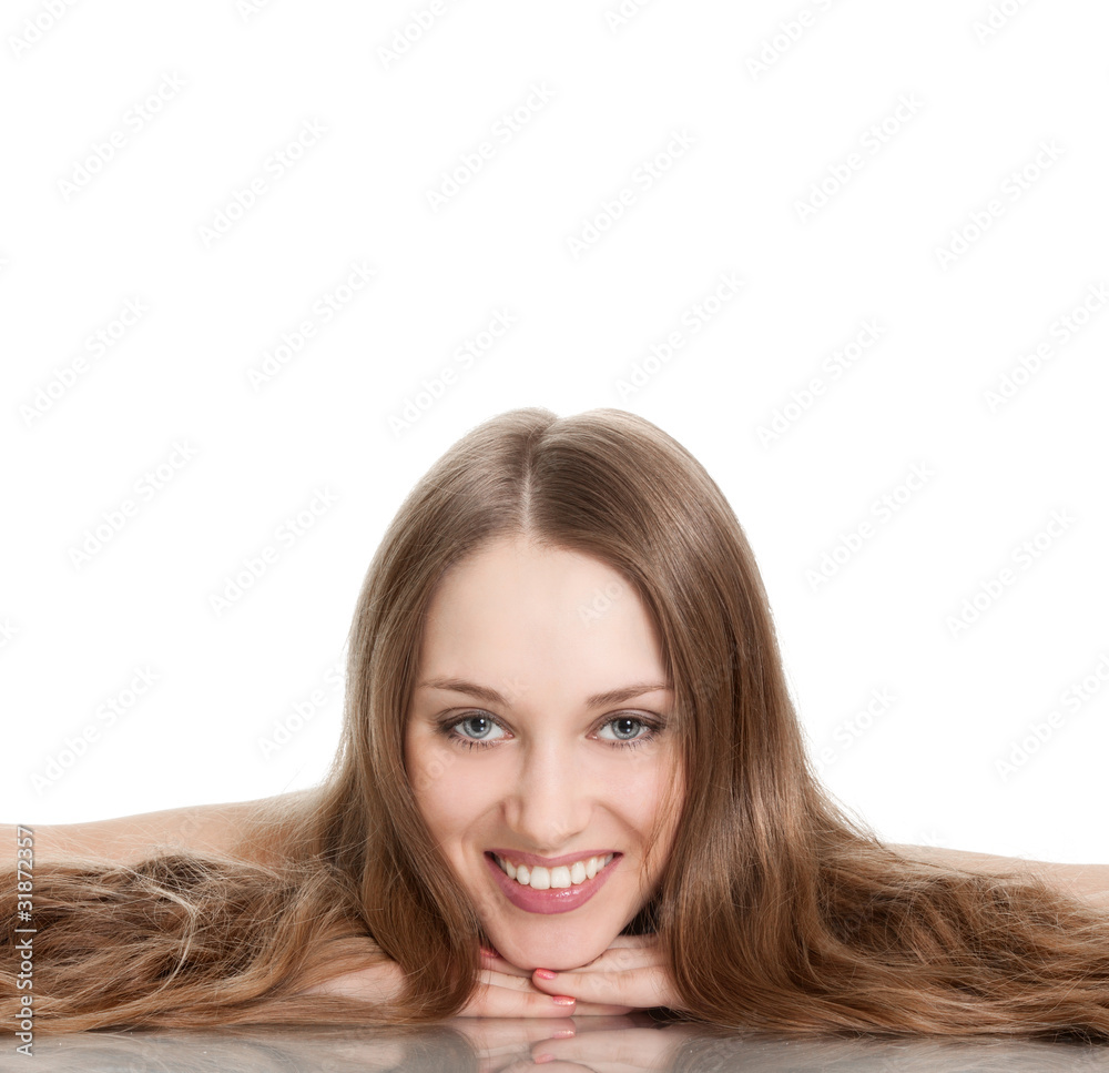 young woman with beautiful long hair on white background young woman with beautiful long hair on white background
