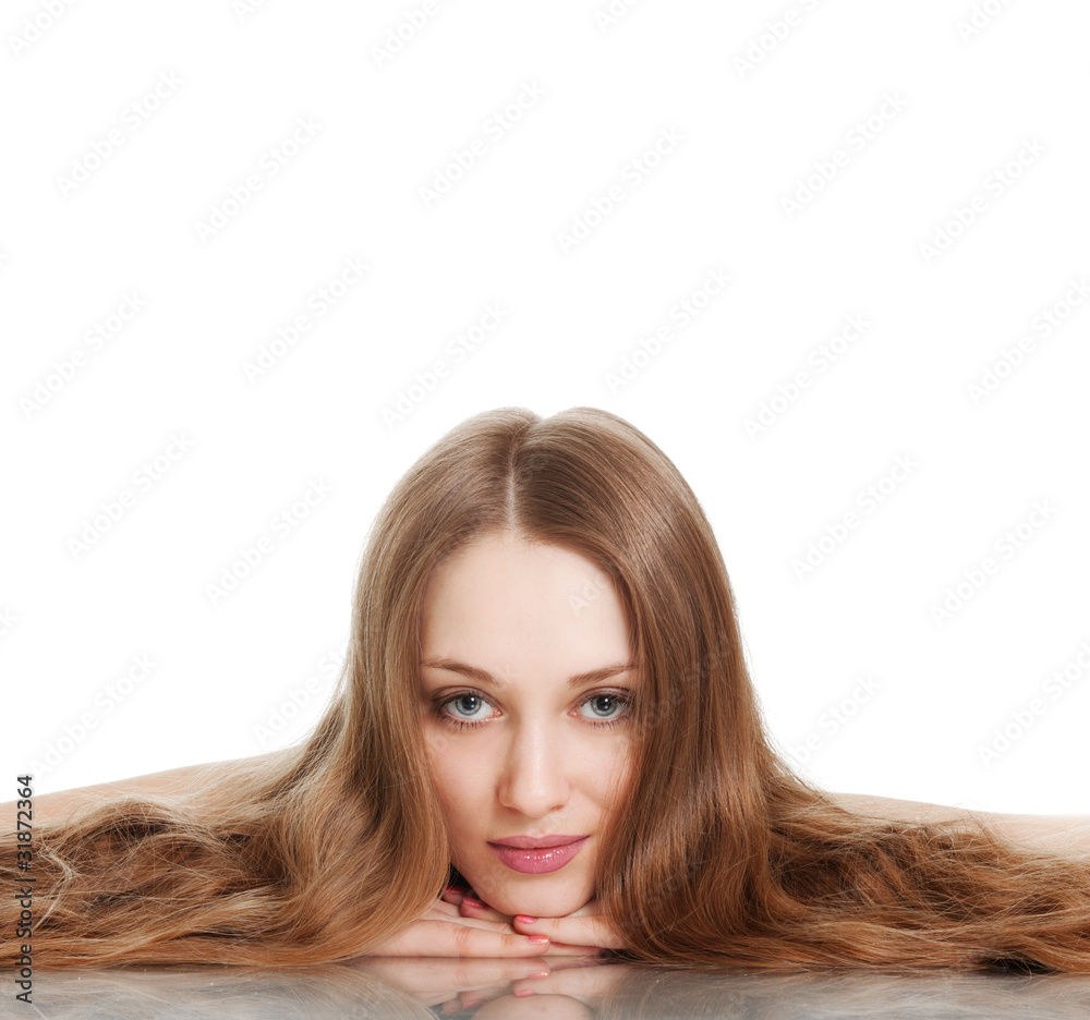 young woman with beautiful long hair on white background young woman with beautiful long hair on white background