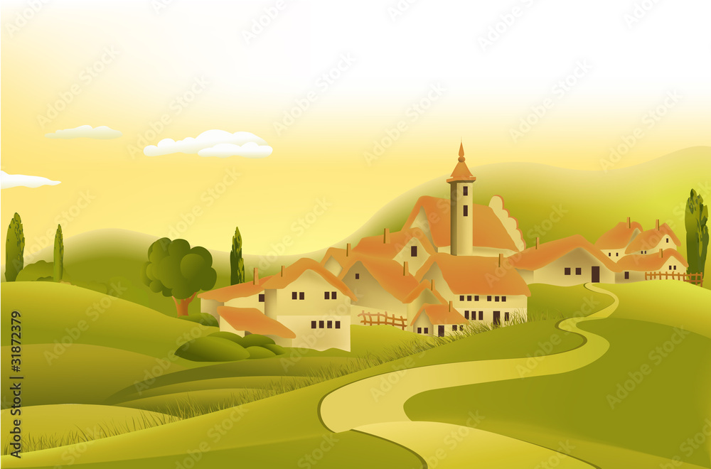 Naklejka premium Rural landscape with little town