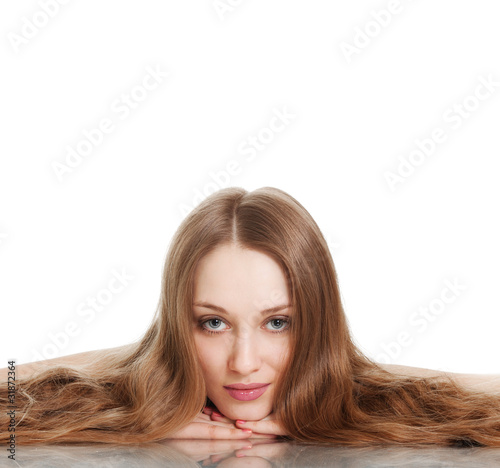 young woman with beautiful long hair on white background