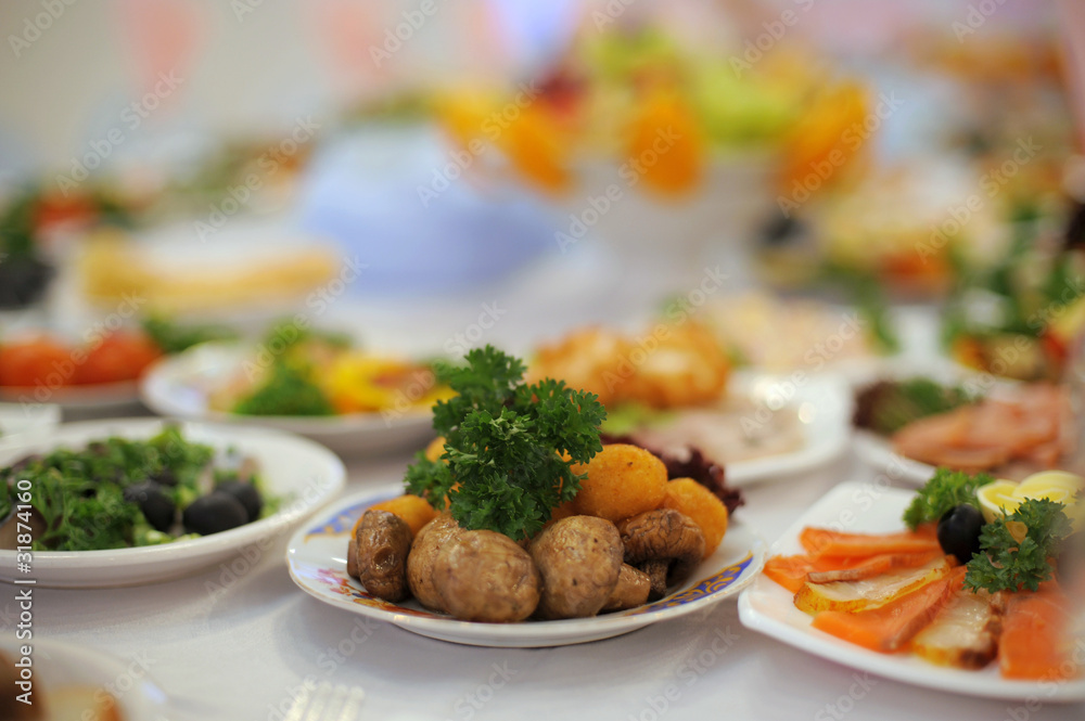 accent of a plate with mushrooms and greens accent of a plate with mushrooms and greens