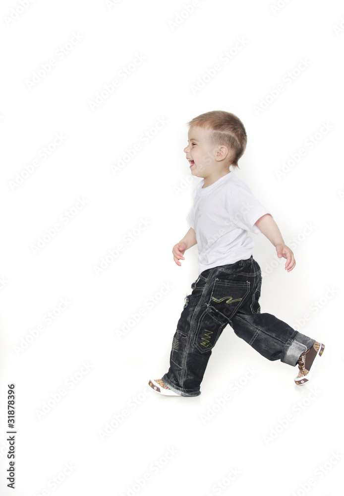 happy boy running over white happy boy running over white