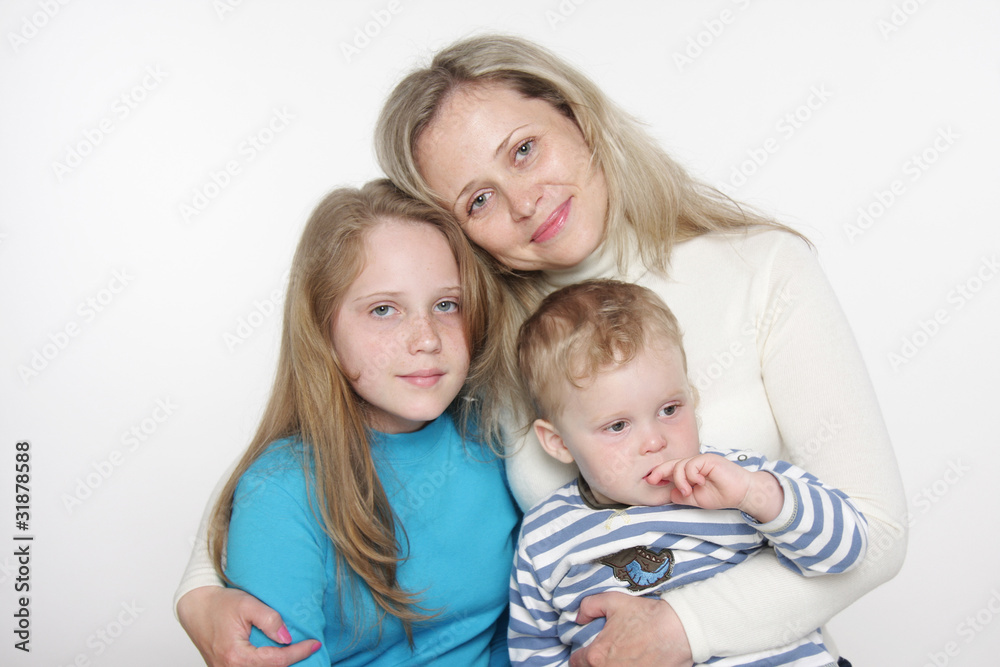 mother and two children over white mother and two children over white