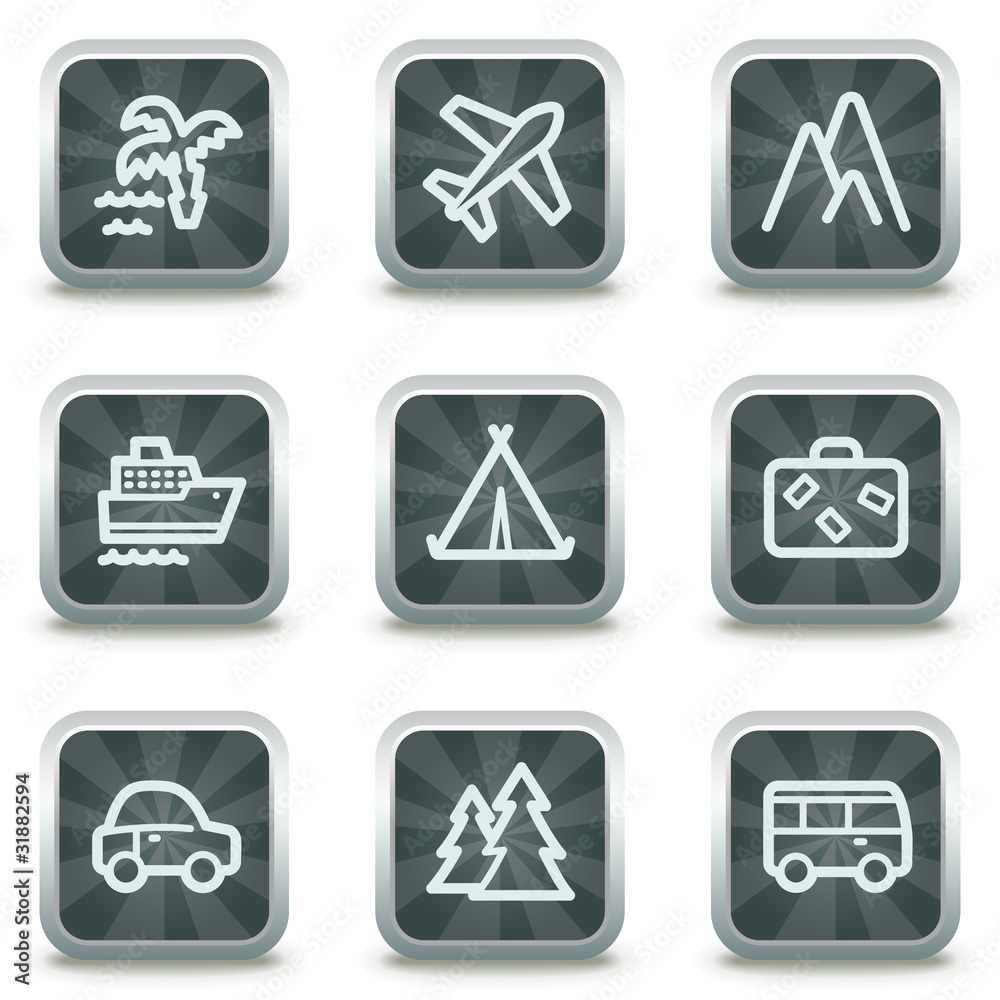 Travel web icons set 1, grey square buttons Travel web icons set 1, grey square buttons
