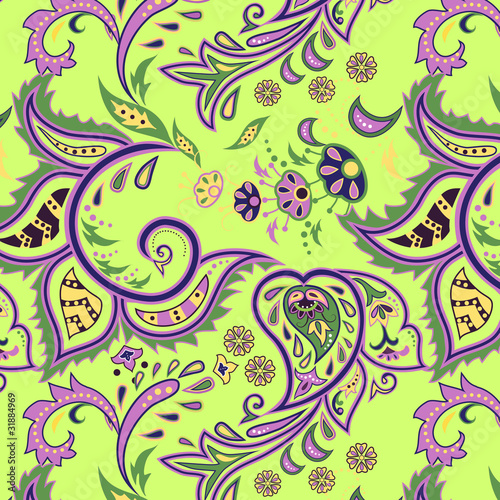 Colorful seamless with eastern patterns on green background.