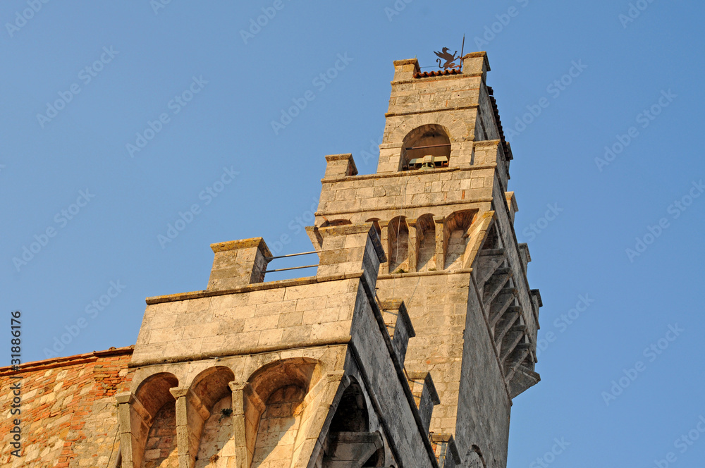 Brick tower in Montepulciano, Tuscany, Italy