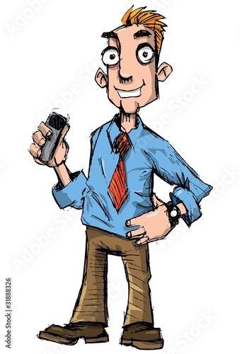Cartoon salesman with mobile phone