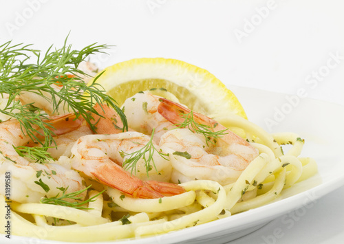 Dill Sprigs Garnish Shrimp Scampi On Pasta