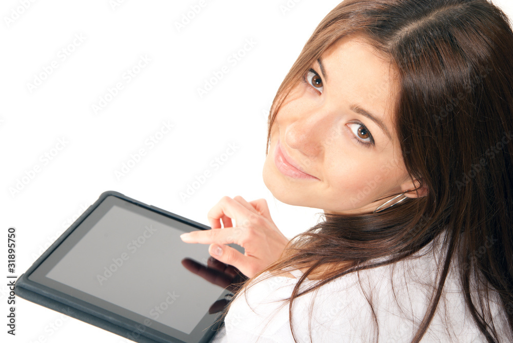 Woman holding modern tablet touch pad in hand Woman holding modern tablet touch pad in hand
