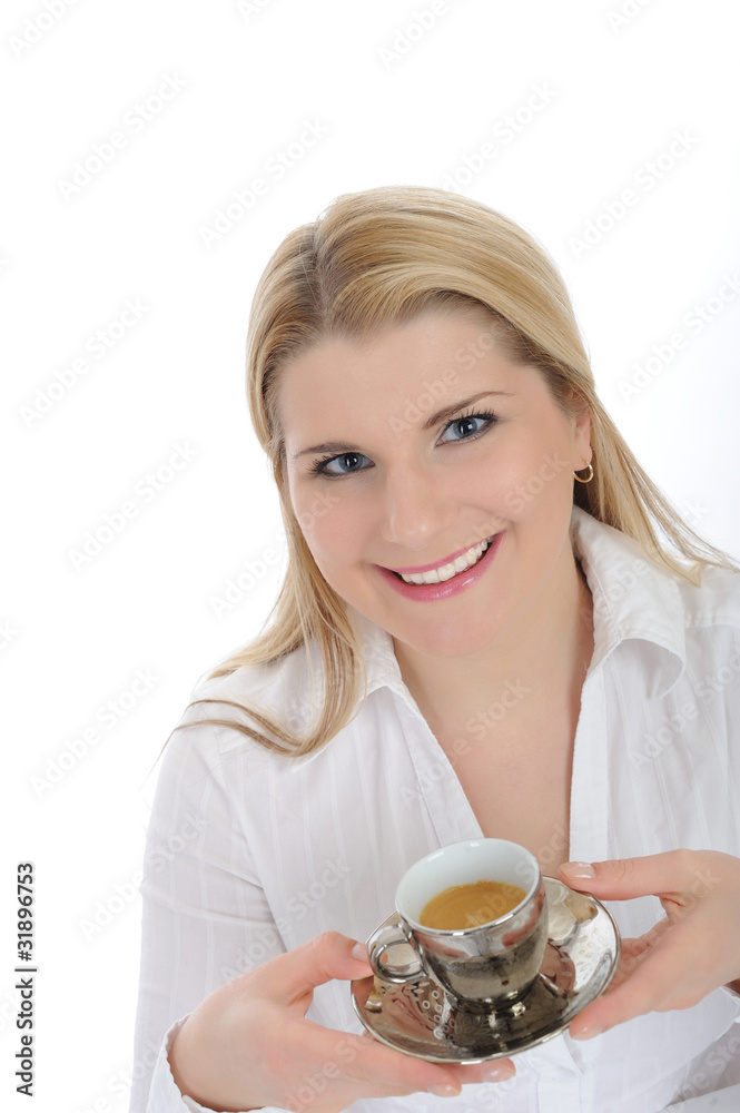Pretty woman drinking cup of espresso coffee. isolated on white Pretty woman drinking cup of espresso coffee. isolated on white