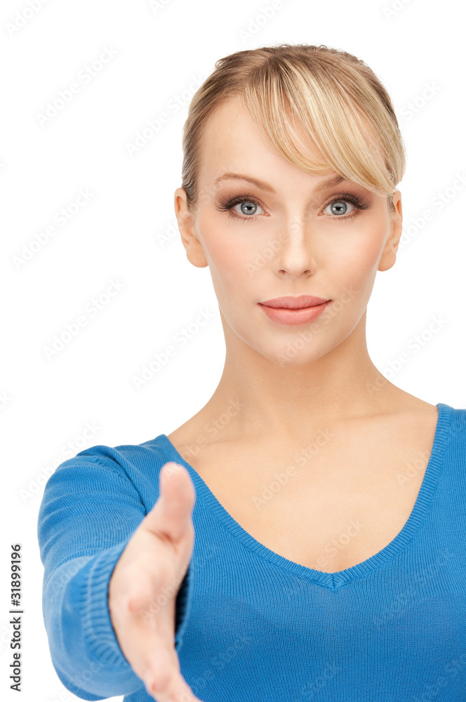 woman with an open hand ready for handshake woman with an open hand ready for handshake