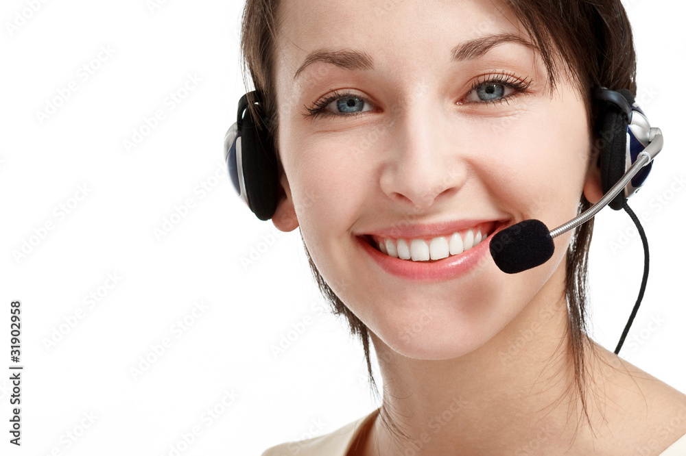woman operator with headset - microphone and headphones woman operator with headset - microphone and headphones