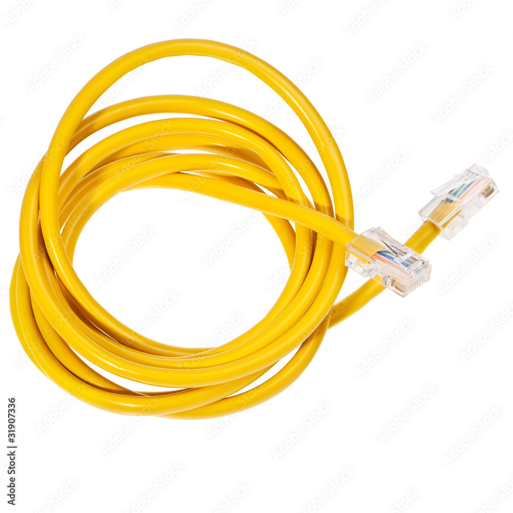 Yellow patch cord with RJ45 plugs over white background. Yellow patch cord with RJ45 plugs over white background.