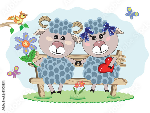 Fototapeta Naklejka Na Ścianę i Meble -  Two sheep at the bench