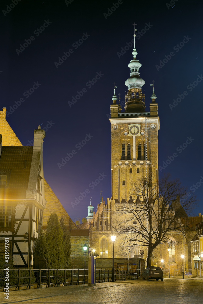 St. Catherine's church at night in Gdansk, Poland.