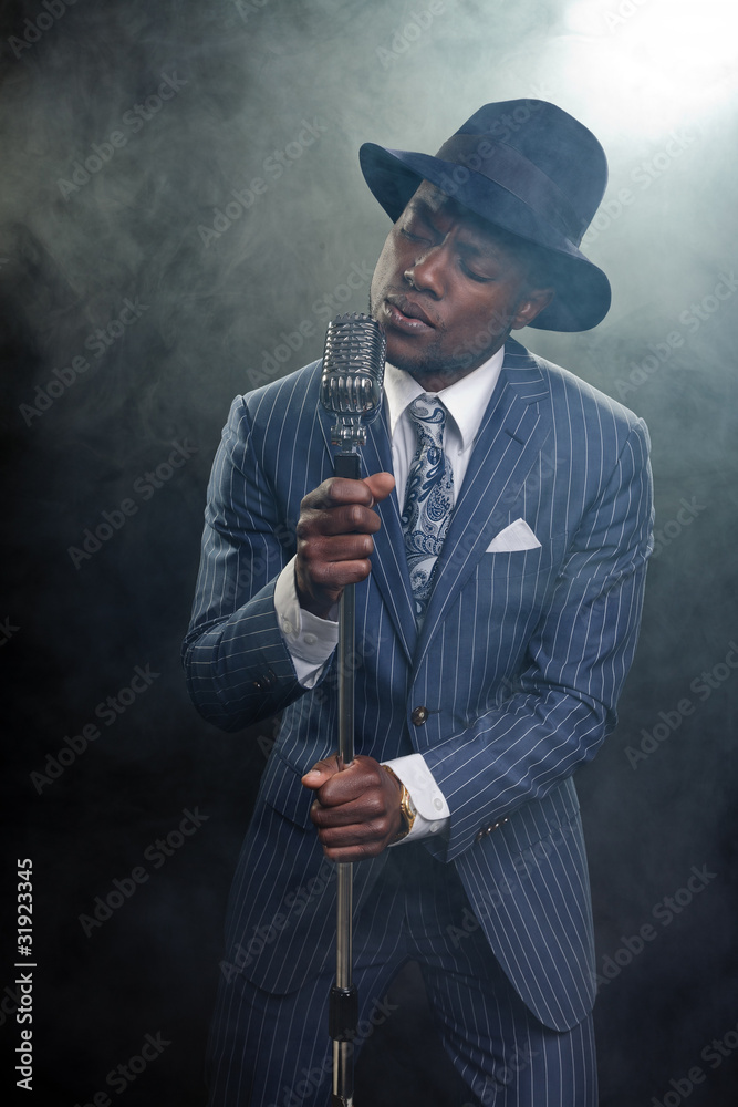 Black man jazz singing. Blue hat. Blue suit. Smoke. Stock Photo | Adobe  Stock