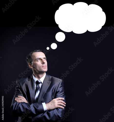 businessman thinking with a thought bubble made of
