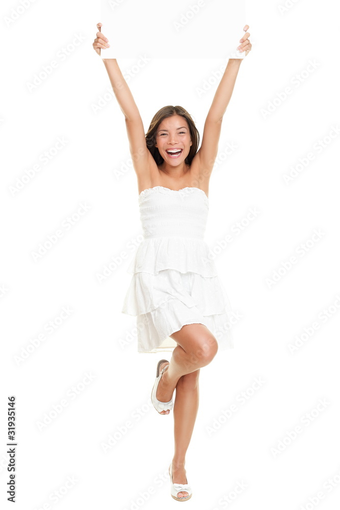Summer dress happy woman holding paper sign Summer dress happy woman holding paper sign