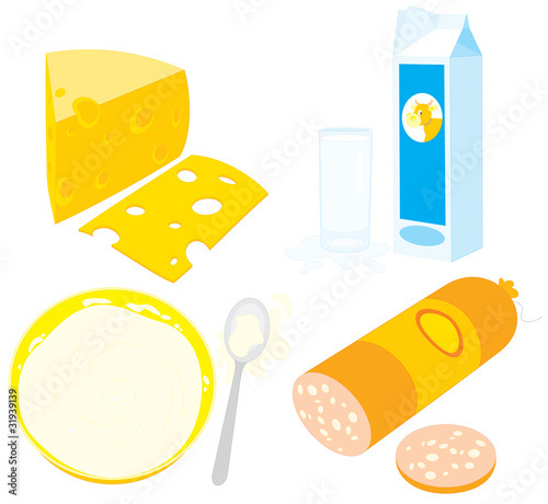 Cheese, sour cream, kefir, milk and sausage