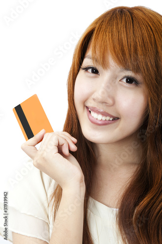 happy girl  holding  a credit card for shopping