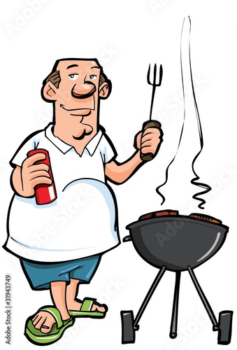 Cartoon of overweight man having a BBQ