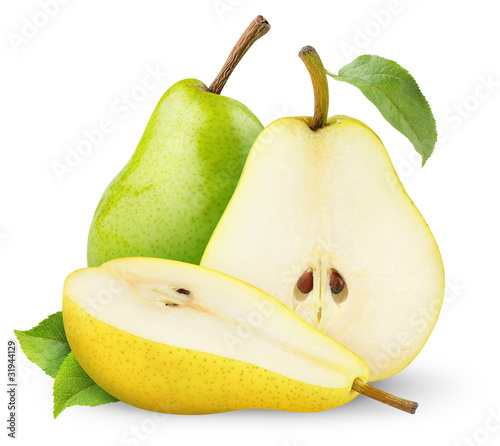 Isolated pears. Cut green and yellow pear fruits isolated on white background