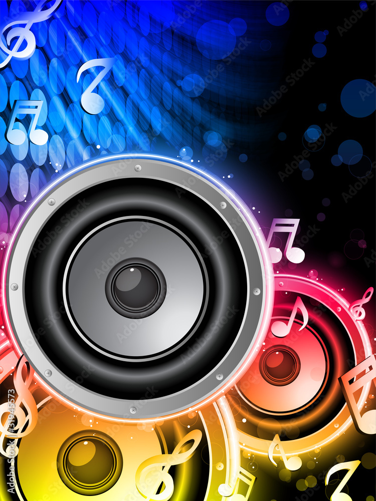 Disco Speaker with Music Notes in Neon Rainbow Circle Disco Speaker with Music Notes in Neon Rainbow Circle