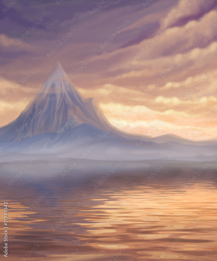 sunset landscape with lake and mountain, digital painting