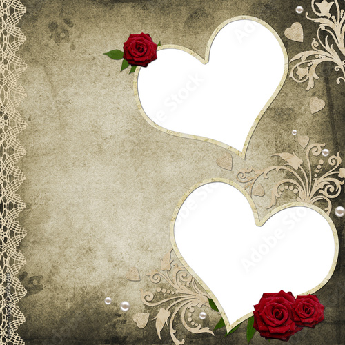 vintage paper hearts frame with pearls, roses and lace