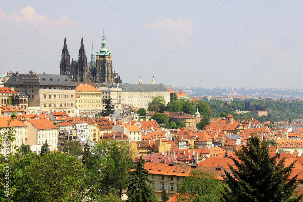 View on the spring Prague gothic Castle with the green Nature