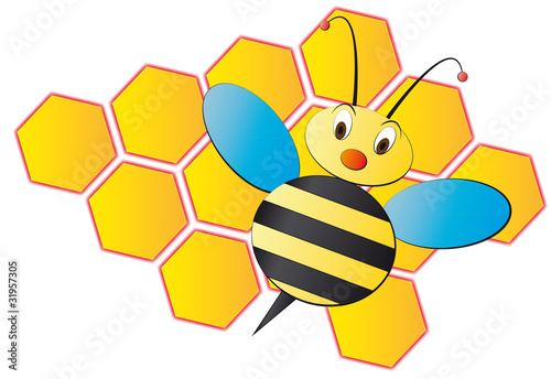 illustration of cartoon bee with hive
