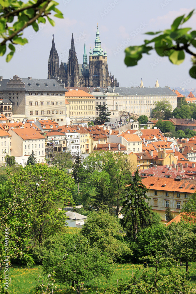 Spring Prague gothic Castle with the green Nature
