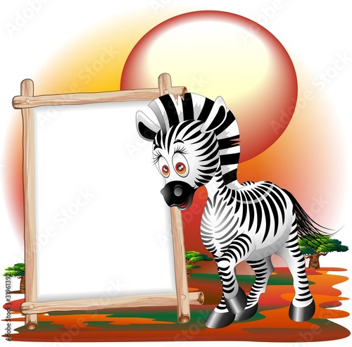 Zebra Cartoon con Pannello-Zebra Savannah Background-Vector