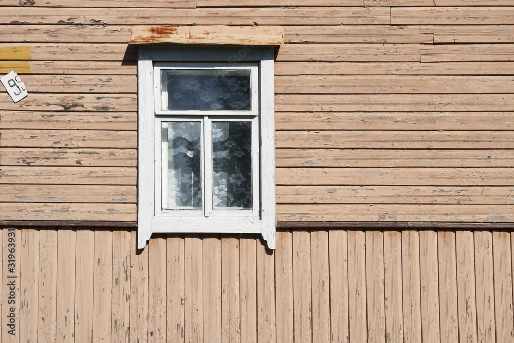 Old dirty white window in the old wooden house Old dirty white window in the old wooden house