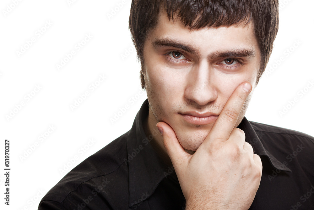 Obraz premium Young man in black shirt isolated on white background