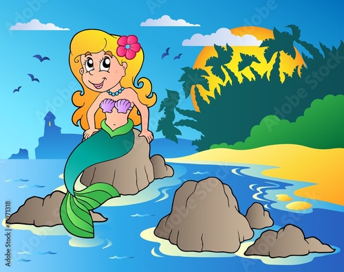 Seascape with cartoon mermaid