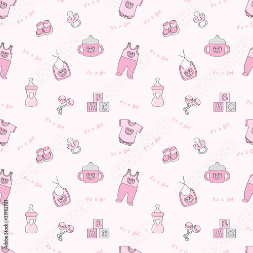 It's a girl: pink seamless background with baby elements