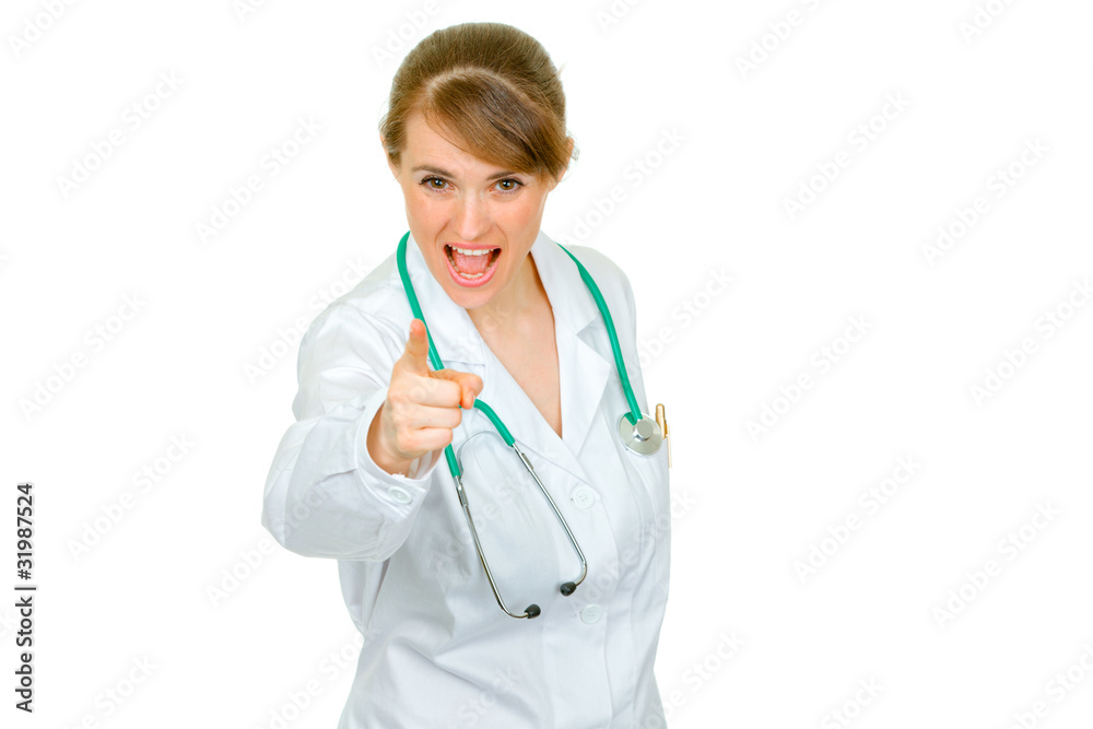 Evil medical doctor woman shaking her finger isolated on white. Evil medical doctor woman shaking her finger isolated on white.