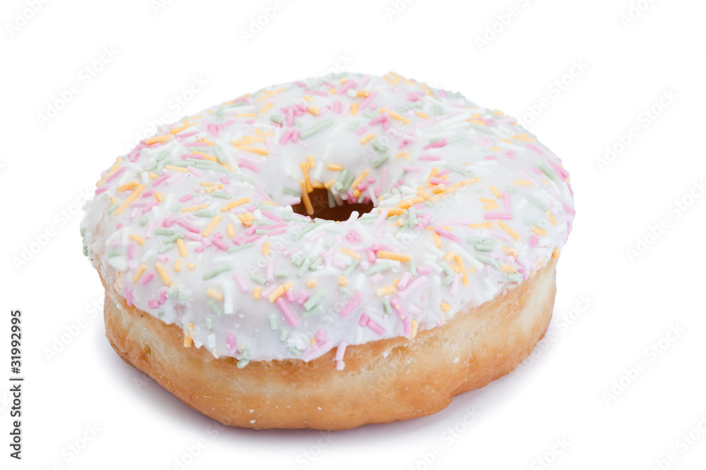 Pink Iced Doughnut covered in sprinkles isolated Pink Iced Doughnut covered in sprinkles isolated