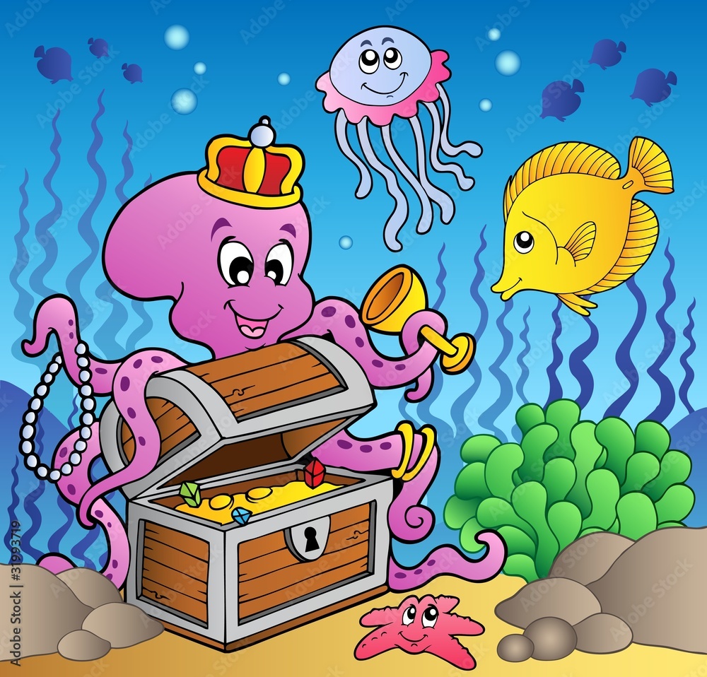 Naklejka premium Cartoon octopus on treasure chest