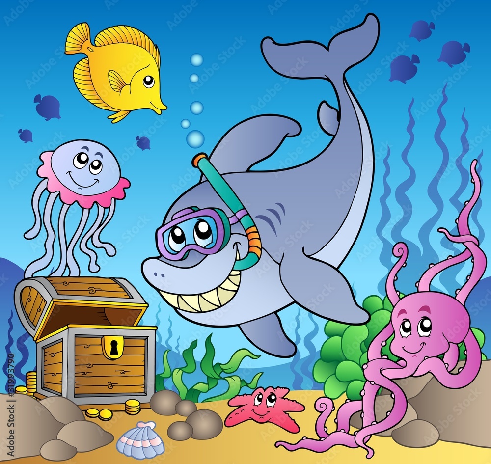 Fototapeta premium Shark diver with treasure chest