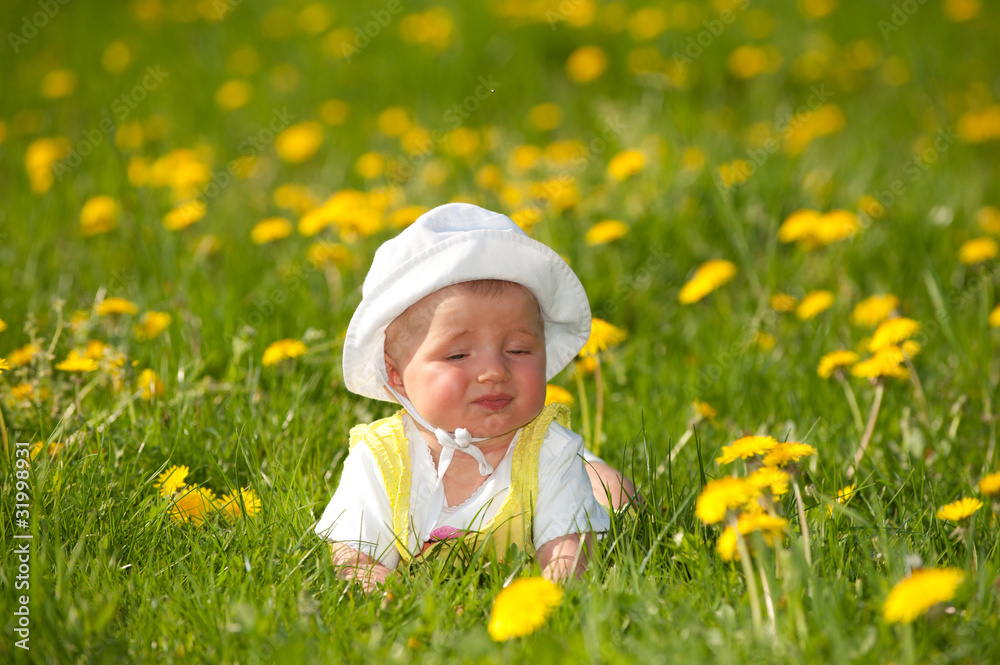 Baby liegt in einer Blumenwiese Baby liegt in einer Blumenwiese