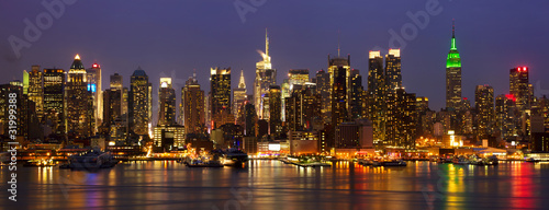 New York City midtown skyline panorama at night  USA